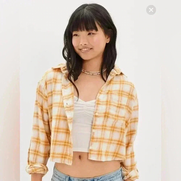 American Eagle Outfitters Tops - American Eagle Cropped Flannel Shirt Ripped Elbows Plaid Golden Yellow size: L